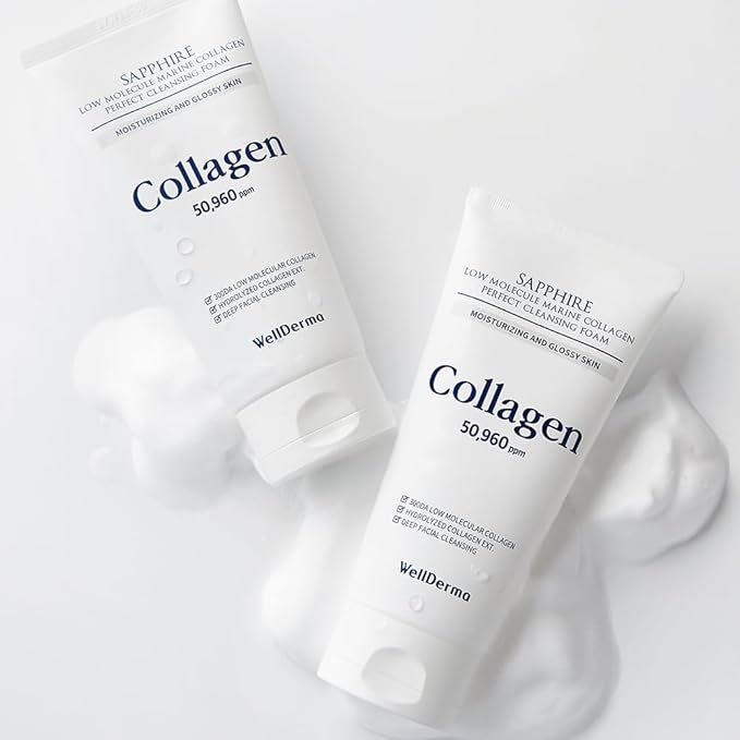WELLDERMA Sapphire Collagen Cleansing Foam, 150mL – Gentle Facial Cleanser with Hydrolyzed Collagen & Glycerin, Moisturizing Creamy Lather