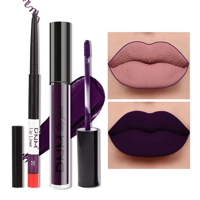 Amy's Diary 2Pcs Dark Purple Lip Liner and Lipstick Matte Makeup Set, Darkest Eggplant Plum 24H With Liner Set, Matt Liquid Long Lasting Mate Dark Berry (#20)