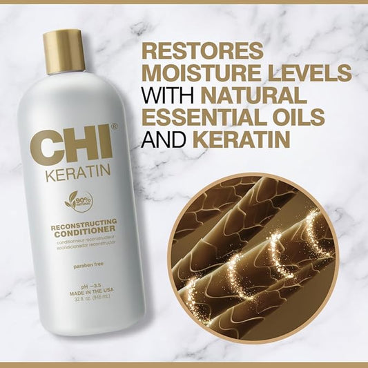 CHI Keratin Reconstructing Conditioner, Delivers Healthier Hair, Adds Shine & Helps Prevent Future Breakage, Sulfate, Paraben, & Cruelty-Free, 32 Oz