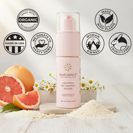 Hair Dance Dry Shampoo Powder | Non-Aerosol | Travel Size | Natural & Organic | Made in USA | No Benzene, Vegan, Cruelty Free, For All Hair Colors, Free of Talc | Grapefruit Oil Scent - 0.8 Ounce