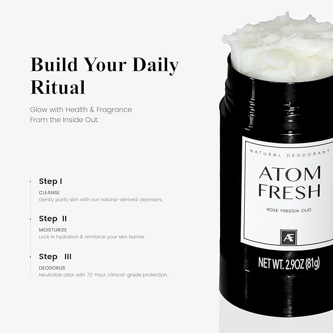 Atom Fresh Natural Deodorant For Woman – 72H Triple Odor Defense – Aluminum-Free, Baking Soda-Free – With Amino Acids, Mineral Powder, Plant-based Starch – Rose Freesia Oud – Skin Safe – 2.9 oz