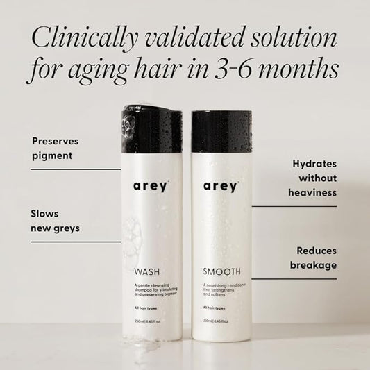 Arey Shower Duo | Daily Wash Shampoo and Smooth Conditioner Set | Delay + Reduce the Signs of Aging Grey Hair | Retain Moisture, Promote Smoothness | Vegan, Gluten-Free & Cruelty Free (2 Pack)