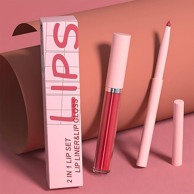 AMY'S DIARY Lip Gloss and Lip Liner Set – Matte Liquid Lipstick with Matching Lip Pencil – Rose Red, Berry, Wine Red Shades – Long Lasting, Waterproof, Non-Sticky Lip Makeup Kit for Defined Lips