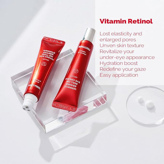 Roll On Eye Cream with Vitamin A and Stainless Steel ball Tip- Under Eye Roller Cream for Elasticity Wrinkles Puffiness Fine Lines-Korean eye cream 30ml/1.01fl.oz. (Retinol)