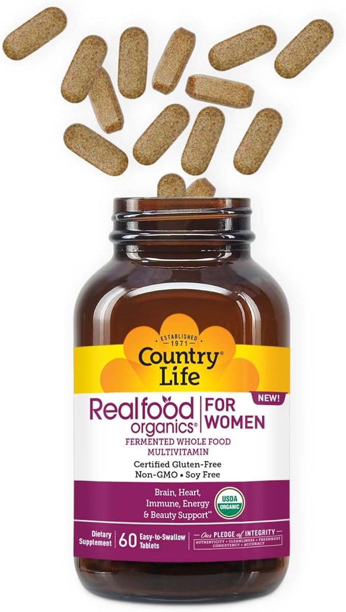 Country Life Realfood Organics Women’s Multivitamin – USDA Organic, Vegan, Gluten-Free – 1,300mg Fermented Whole Foods, Vitamins D, E, B, Folate & Biotin – Daily Energy & Beauty – 60 Tablets