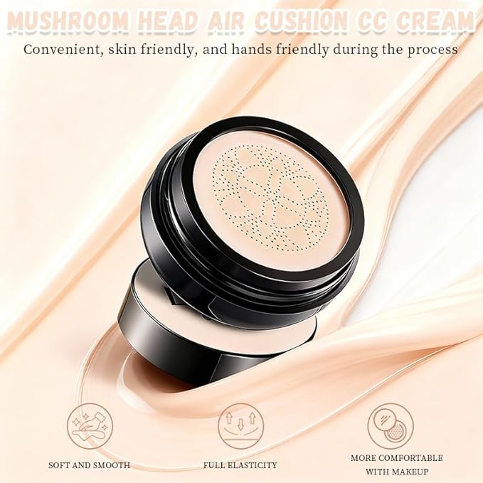 Hush Foundation for Mature Skin – Warm Tone CC Cream Air Cushion, Full Coverage Long-Lasting BB Cream Foundation with Mushroom Head Applicator, Natural Radiant Finish for Light to Medium Complexions
