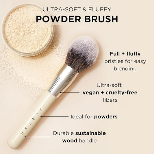 HALEYS Powder Brush VEGAN+CRUELTY-FREE, Soft, Streak-free, Perfect Blending, Buff, Blurs, Smooths, Control, Precision, Complexion tools, For powder, setting powder, blush, Sustainable Wood Handle