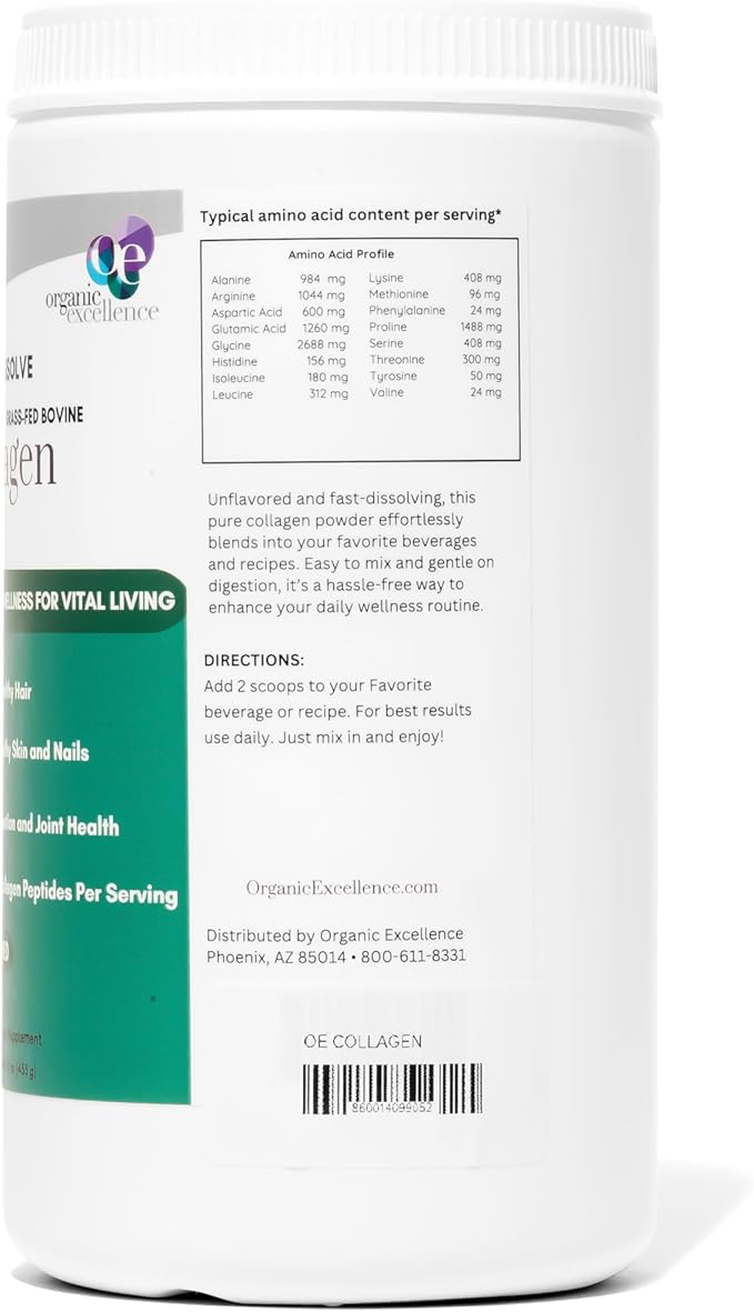 Organic Excellence Collagen Peptides, Grass-Fed Bovine Unflavored Collagen Powder Type I & III Hydrolyzed Collagen, Support Skin, Joints, Gut, Hair, Nails, Non-GMO, 12g Protein/Serving, 16 oz (453g)