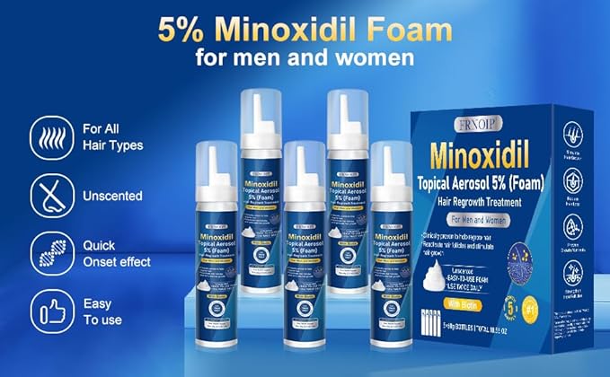 5% Minoxidil Foam 5 PCS for Men - Infused with Biotin, Hair Regrowth Treatment for Longer, Fuller Hair and Beard (5-6 Month Supply)