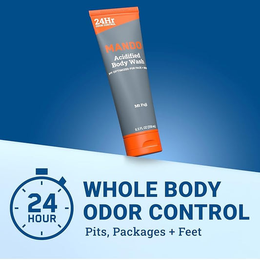 Mando Odor Shield Body Wash - 24 Hour Control - Removes Odor Better than Soap - SLS Free, Paraben Free, Skin Safe - 8.5 Ounce (Pack of 2) (Mt Fuji)
