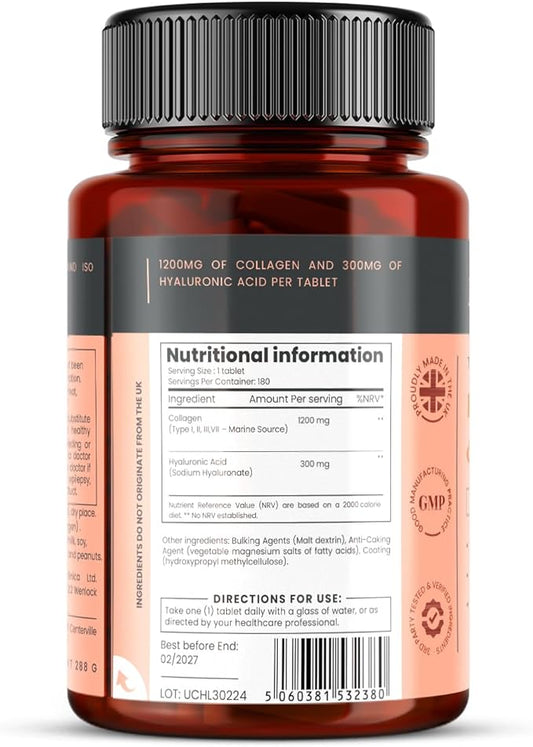 1500mg x 1080 Tablets. 1200mg of UltraColl Collagen & 300mg of Hyaluronic Acid per Tablet. (6 Bottles of 180 Tablets Each - 18 Months Supply)