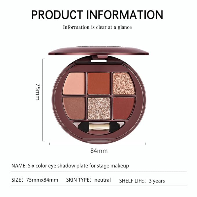 Matte Shimmer Glitter Mini Eyeshadow Palette – 6-Color Warm Caramel Rust Eye Shadow Kit, High Pigment Long-Lasting Waterproof Nude Brown Smokey Eyes Makeup Palette for Daily Wear & Soft Glam Looks