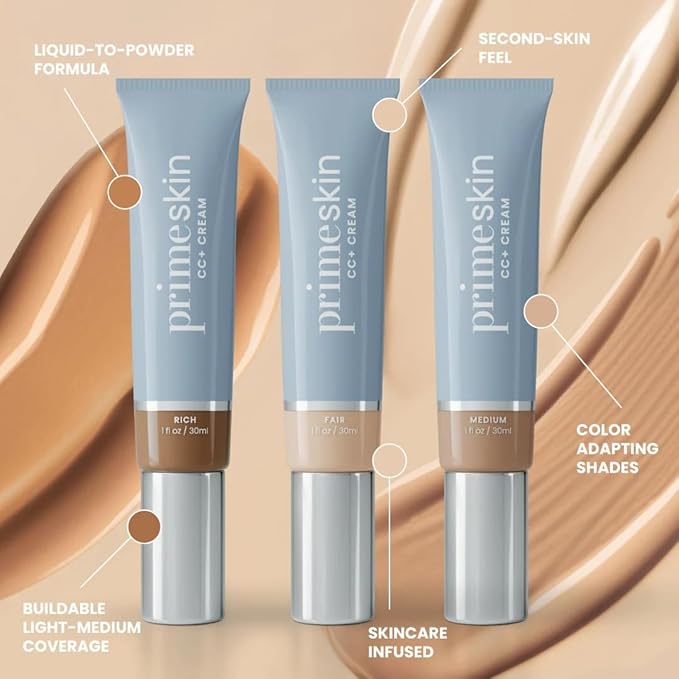 Prime Prometics PrimeSkin CC+ Cream for Mature Women – Lightweight Liquid-to-Powder Foundation – Blurs Pores & Covers Age Spots – Crease-Free, Hydrating & Soft-Matte Finish for Sensitive Skin (Rich)