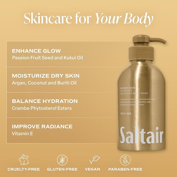Saltair Body Wash, Golden Hour 2-Pack. Moisturizing Body Cleanser with Hydrating Ingredients. Luxury Shower Gel for Women and Men. Vegan, Cruelty-Free, Paraben-Free. 2x 17oz Pump Bottles