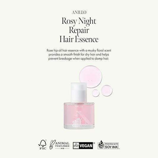 Rosy Night Repair Hair Essence with Damask Rose Extract, Rosehip Oil, Peptide Complex for Dry, Damaged, Frizzy Hair - Musky Floral Scent, Vegan, Paraben-Free 50ml / 1.69 fl. Oz