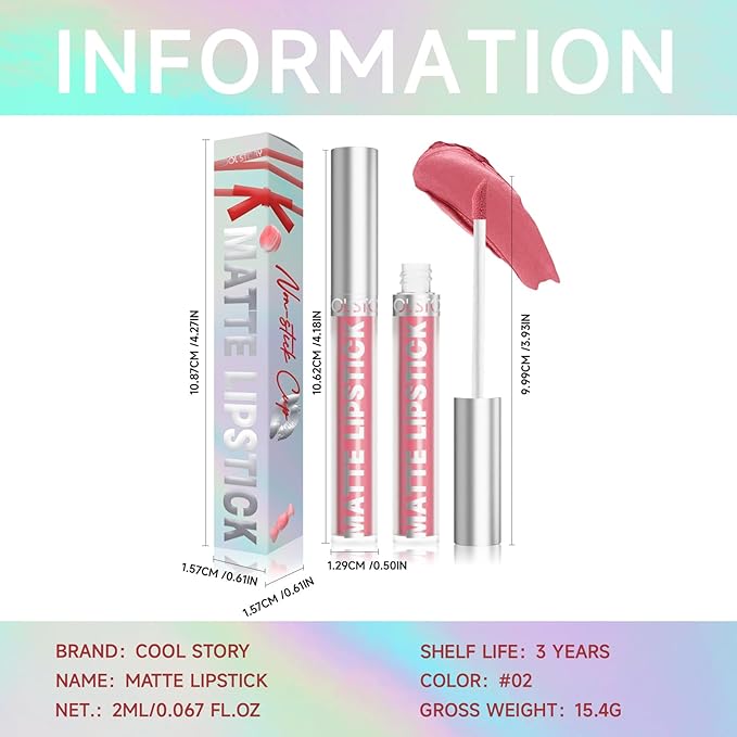 COOL STORY Matte Lip Stain Tint Highly Pigmented Color Long-Lasting Waterproof Rose Kiss (02)