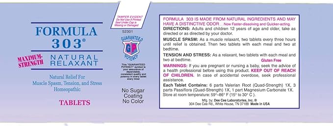 Dee CEE Labs Formula 303 Maximum Strength Tablets, 45 Tablets; All-Natural containing Magnesium for Sore Muscles, Passion Flower, and Valerian Root