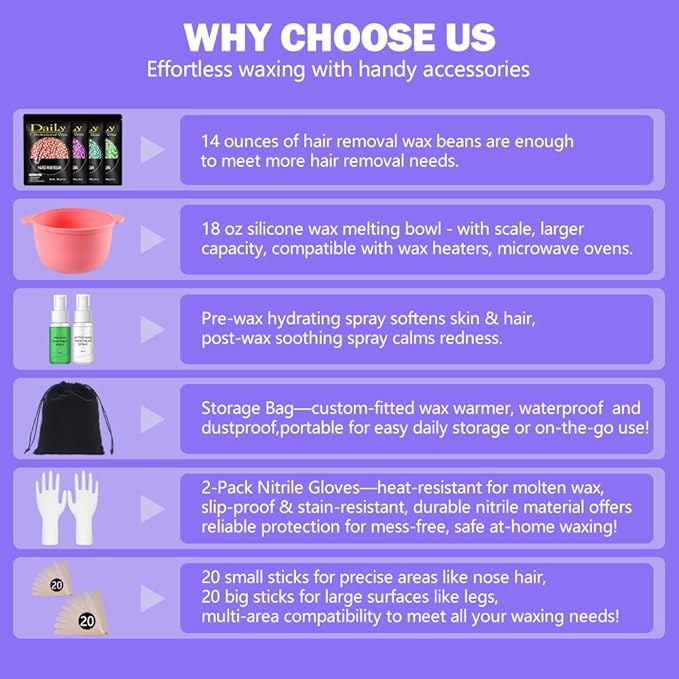 Wax Warmer Kit for Hair Removal - Hard Wax Kit for Sensitive Skin with Silicone Liner, 4 Bags Wax Beans - For Women Men, Face, Bikini, Brazilian, Body, Legs, Home Salon. (BLACK)