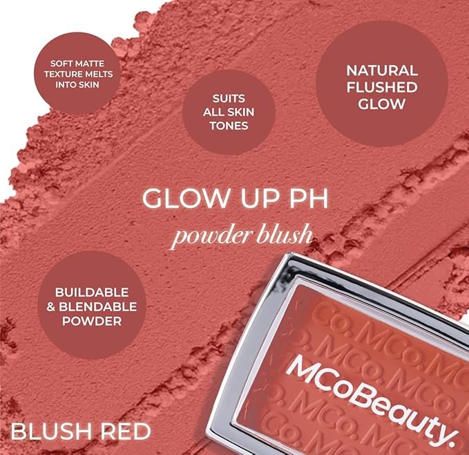 MCoBeauty - Glow Up pH Powder Blush - Silky Finish With Soft Matte Texture Blusher Powder - Blush Red Shade - Face Make-up With Blendable Formula For Everyday Use