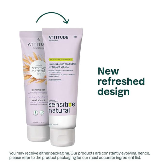 ATTITUDE Hair Conditioner for Sensitive Dry Scalp, For Thin Hair, Soothing Oat, Naturally Derived Ingredients, Dermatologically Tested, Vegan Detangler, Volume and Shine, 8 Fl Oz