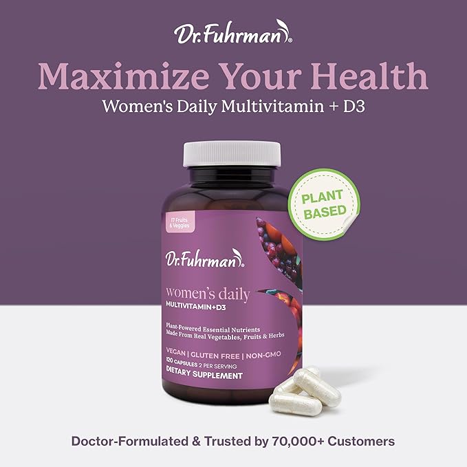 Dr. Fuhrman 2 Month Supply Multivitamin for Women + D3 Vitamin for Immune Support | Vegan Formula Womens Multivitamin with B12 & Zinc | Whole Food multivitamin with 17 Fruits & Veggies | Non GMO