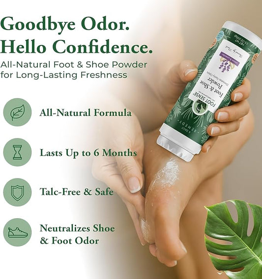 FOOT SENSE All Natural Foot & Shoe Powder, Foot Deodorant, Talc-Free, Odor Eliminator, Disinfects & Deodorizes, Long-Lasting up to 6 Months Safe for Men, Women, Kids, Athletes, 100g (2 Pack)