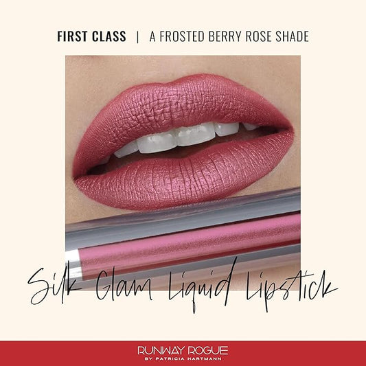 Runway Rogue Silk Glam Liquid Lipstick, Long Wear Frosted Berry-Rose Lipstick, ‘First Class’