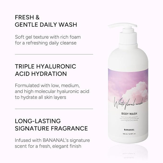 Korean Body Wash with Hyaluronic Acid & Aloe – Hydrating Moisturizing Cleanser for All Skin – Infused with Natural Extracts – Paraben & Silicone-Free – White Floral Musk, 500ml / 16.9 fl oz