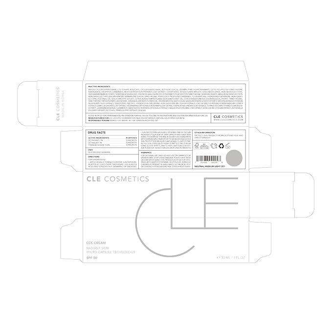 CLE Cosmetics CCC Cream (Neutral Medium Light 201 / SPF 50) - Color Correcting With Sunscreen - Lightweight, Hydrating Foundation - BB & CC Hybrid - Light to Medium Coverage - 1 fl oz