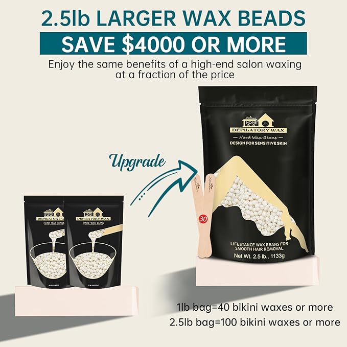 Lifestance 2.5lb Wax Beads Kit, Cream Hard Wax Beans For Hair Removal Eyebrow Face Underarm, Waxing for Brazilian Bikini Coarse Hair Women Men Large Pearl Beads Refill for Wax Pots