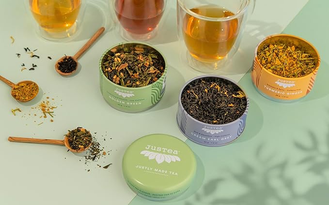 JusTea Assorted Tea Trio | Stacking Tins Variety Pack with Hand Carved Spoon | Loose Leaf Tea | Variable Caffeine | Award-Winning | Fair Trade | Non-GMO