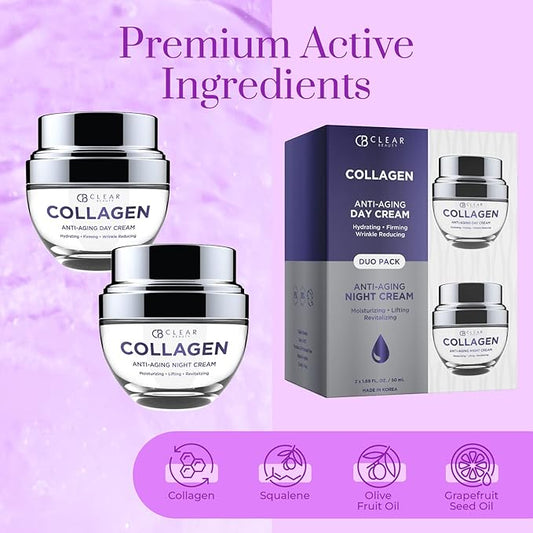 Collagen Day/Night Moisturizer Set - Dermatologist Tested, Reduces Blemishes, Wrinkles & Fine Lines, Hydrating, Anti-Aging, Cruelty-Free Korean Skin Care, All Skin Types
