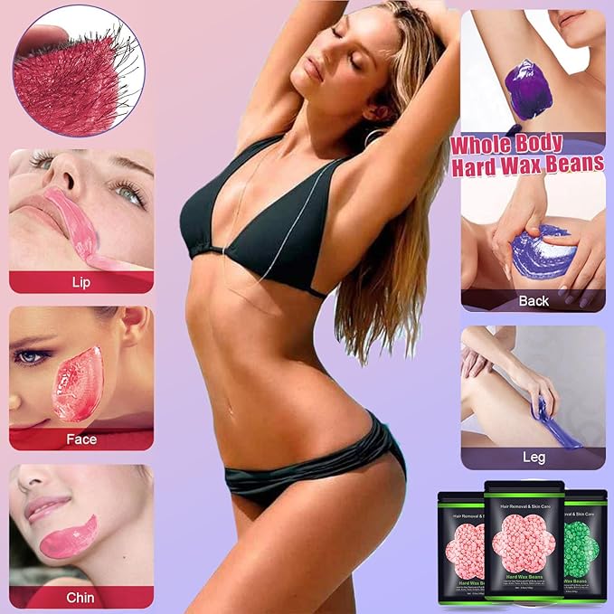 Wax Beads for Hair Removal 10.5oz (300g), Auperwel Hard Wax Beads Beans for Sensitive Skin Brazilian Waxing, Face, Bikini, Eyebrow, Legs, Painless for Women Men, 3 packs Kit with 10 Sticks