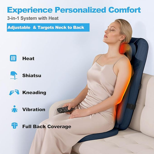 Shiatsu Neck and Back Massager with Heat - 3D Kneading & Vibration Full-Back Massage Cushion to Ease Muscle Stiffness, Adjustable Intensity & Height for Office Chair, Home Use (Blue)