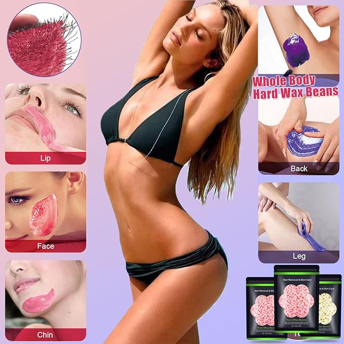 Wax Beads for Hair Removal 10.5oz (300g), Auperwel Hard Wax Beads Beans for Sensitive Skin Brazilian Waxing, Face, Bikini, Eyebrow, Legs, Painless for Women Men, 3 packs Kit with 10 Sticks