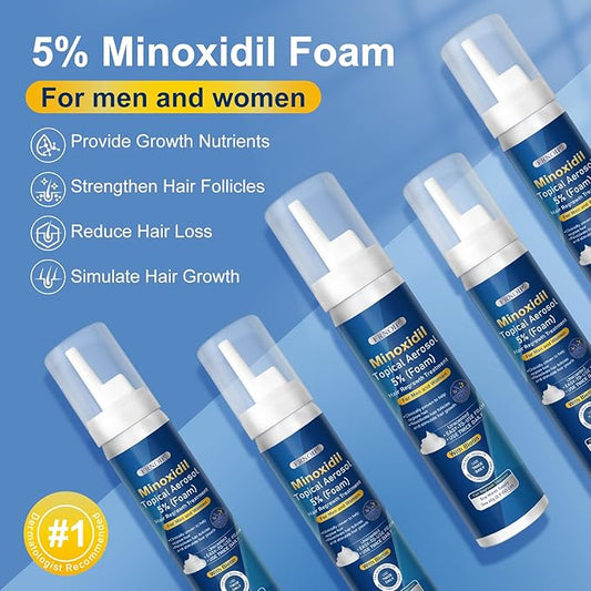 5% Minoxidil Foam 5 PCS for Men - Infused with Biotin, Hair Regrowth Treatment for Longer, Fuller Hair and Beard (5-6 Month Supply)