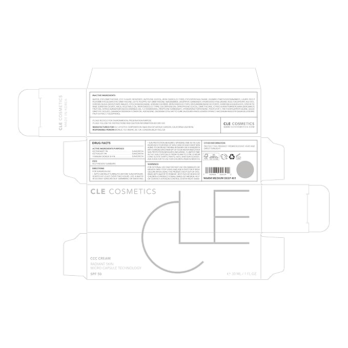 CLE Cosmetics CCC Cream (Warm Medium Deep 401 / SPF 50) - Color Correcting With Sunscreen - Lightweight, Hydrating Foundation - BB & CC Hybrid - Light to Medium Coverage - 1 fl oz