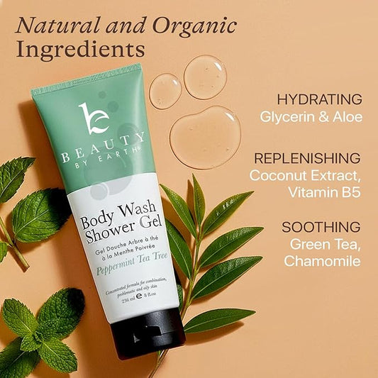 Beauty by Earth Peppermint Tea Tree Oil Shower Gel Body Wash - Made in USA with Organic & Natural Ingredients, Mens Body Soap Liquid, Moisturizing Cleansing Gel for Men & Women, Non Toxic Body Wash
