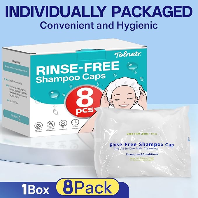 No Water Rinse Shampoo Caps, Microwavable Waterless Shampoo Cap for Bedridden Patients Elderly, Rinse Free Dry Hair Washing Caps for Camping, PH Balanced, Portable, Easy Life, 8 Pack