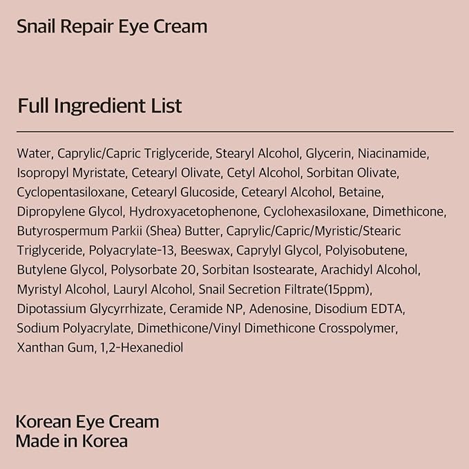 Snail Repair Eye Cream 1.01 fl oz - Anti-Aging & Hydrating Eye Cream with Snail Mucin, Peptides, and Niacinamide to Improve Skin Texture and Resilience, Korean Skincare