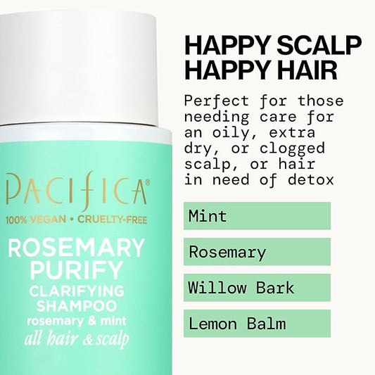 Pacifica Clarifying Shampoo – Rosemary Purify Invigorating Shampoo w/Soothing Mint for Detoxing Hair & Scalp Build-Up, Sulfate & Silicone Free - Vegan & Cruelty-Free Dermatologist Tested