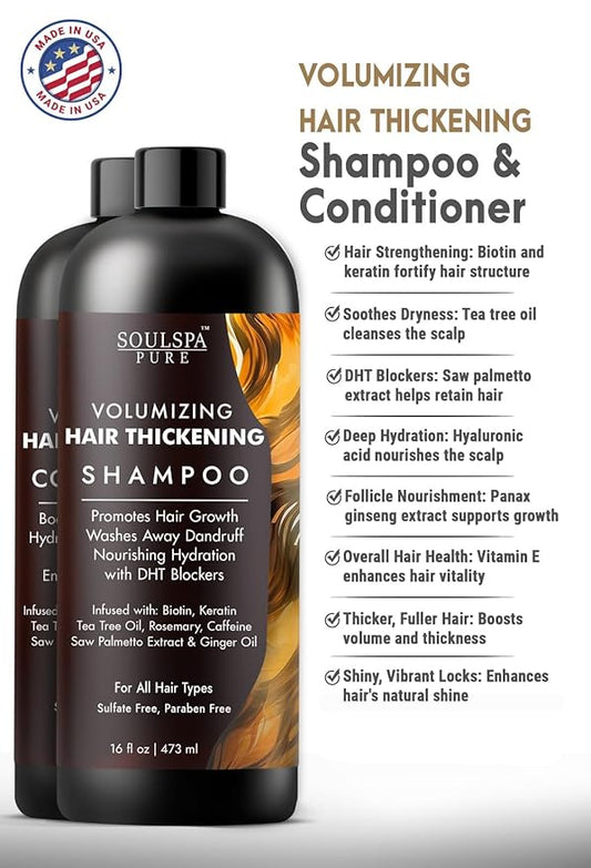 Hair Thickening Shampoo and Conditioner Set - Volumizing & Growth Support with DHT Blockers, Biotin, Keratin, Tea Tree Oil, Caffeine, Saw Palmetto Extract - Men & Women - 16 fl oz Each