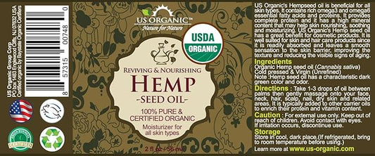 US Organic Hemp Seed Oil, Certified Organic, Pure & Natural, Cold Pressed Virgin, Unrefined, Amber Glass Bottle with Glass Eye Dropper for Easy Application (2 oz (56 ml))