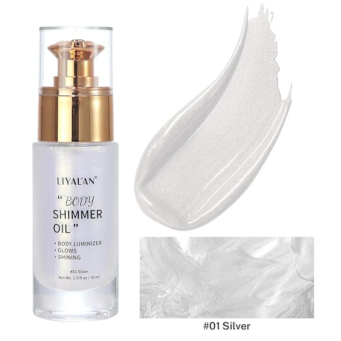 Liyalan Shimmer Body Oil Silver Color 1.0 fl.oz Face Glow Pearl Highlighter Illuminator Long-Lasting Shine Glitter Liquid Tanning with Makeup Brush