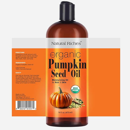 Natural Riches Pumpkin Seed Oil USDA Certified Organic Moisturizer 16oz Pure and Natural Carrier Oil Unrefined, Cold Pressed, Face, Hair, Body & Skin Care Eyelashes,