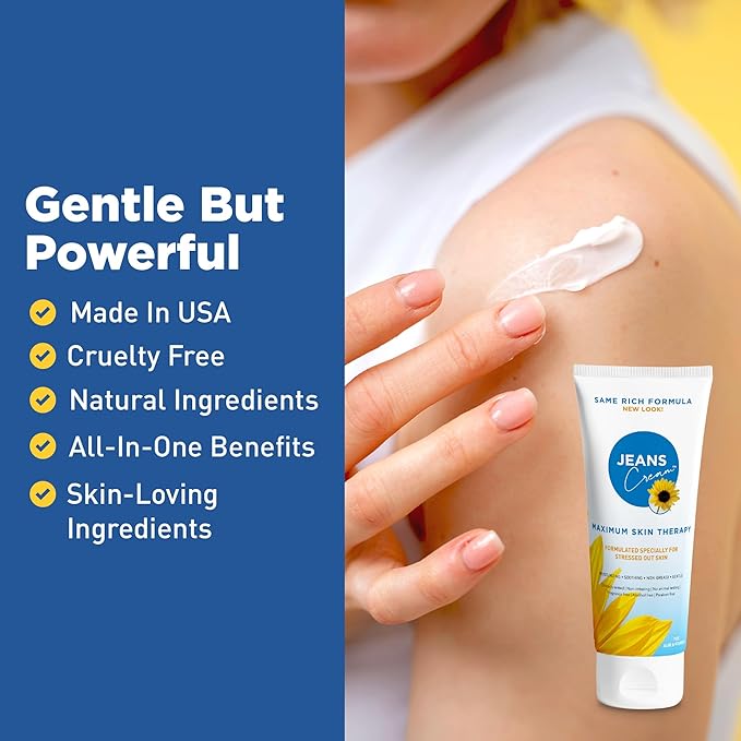 Jeans Cream, Maximum Skin Therapy Radiation Burn Cream, Moisturizing Vitamin E and Aloe Vera Cream for Compromised Skin, Minor Cuts, Sunburn and More, Non-Greasy Formula, 7 oz