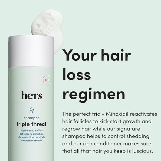 hers Triple Threat Shampoo, Conditioner and Minoxidil Set - Hair Loss Treatment for Women - Includes 2% Serum Minoxidil Treatment, Color Safe Hair Thickening Shampoo and Conditioner - 3 Count
