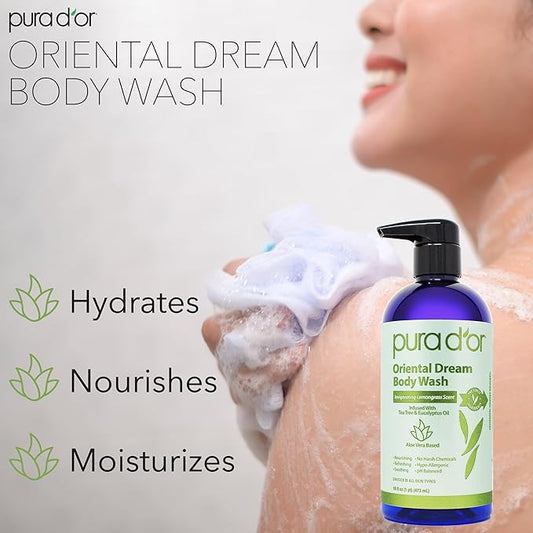 PURA D'OR 16 Oz Oriental Dream Body Wash – Invigorating Lemongrass Scent – Aloe Vera Based, Infused with Tea Tree & Eucalyptus Oils – pH Balanced, Sulfate-Free, Hypoallergenic, Vegan – For Men & Women
