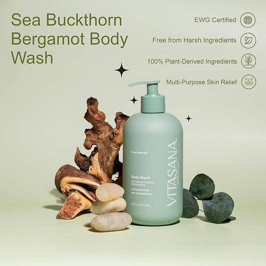 Natural Body Wash for Sensitive Skin, 16 oz – Sea Buckthorn & Bergamot Scent, 98.9% Plant‑Derived, EWG Verified, Hypoallergenic, Paraben‑Free, Sulfate‑Free, Cruelty‑Free