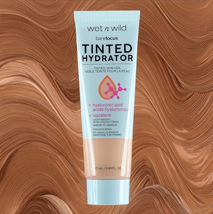 wet n wild Bare Focus Tinted Hydrator Tinted Skin Veil, Lightweight Buildable Coverage with Hyaluronic Acid & Vegan Squalane, Semi-Matte Finish, Cruelty-Free - Medium Deep